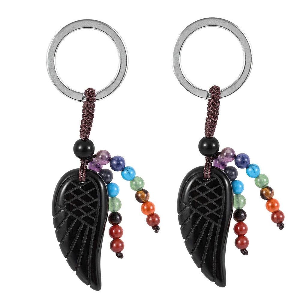 8023 2 pcs Crystal Angel Wing Keychains Quartz Stone Keyrings with 7 Chakra
